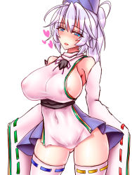 Rule 34 | 1girl, areola slip, armpits, breasts, bulge, covered erect nipples, erection, erection under clothes, harumi (harumix), heart, heart-shaped pupils, huge breasts, large breasts, mononobe no futo, no panties, solo, symbol-shaped pupils, thighhighs, thighs, touhou, white background, white thighhighs
