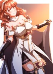 Rule 34 | 1girl, absurdres, black gloves, blush, breasts, celica (fire emblem), cleavage, closed mouth, commentary, dress, earrings, fingerless gloves, fire emblem, fire emblem echoes: shadows of valentia, gloves, gold trim, hairband, highres, jewelry, long hair, looking at viewer, medium breasts, mixed-language commentary, nintendo, orange eyes, smile, solo, strapless, strapless dress, to (tototo tk), wavy hair, white dress, white hairband