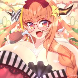Rule 34 | 1girl, alcohol, anita pastorale, blonde hair, blush, bow, braid, branch, breasts, bust cup, choko (cup), cleavage, collarbone, commentary request, cup, dragon girl, dragon horns, ear blush, eyes visible through hair, fang, fingernails, ginkgo tree, glasses, hair ornament, highres, holding, holding cup, hololive, horn bow, horn ornament, horns, huge breasts, japanese clothes, kadomatsu, kimono, kiryu coco, leaf, leaf hair ornament, long hair, looking at viewer, multicolored hair, nail polish, new year, official alternate costume, open mouth, orange hair, pinky out, pointy ears, pouring, pouring onto self, red eyes, ribbon hair, round eyewear, sake, single braid, skin fang, smile, solo, streaked hair, striped, striped bow, tokkuri, virtual youtuber, yellow nails