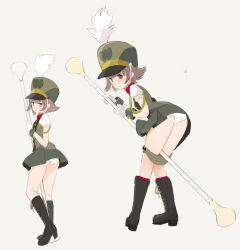 Rule 34 | 1girl, ass, band uniform, baton, bent over, black footwear, bloomers, bloomers pull, blush, boots, brown eyes, brown hair, buruma, buruma pull, clothes pull, cross-laced footwear, full body, gloves, grey background, hat, high heels, knee boots, kokudou juunigou, lace-up boots, looking at viewer, looking back, multiple views, official art, oversized object, panties, pantyshot, puffy short sleeves, puffy sleeves, shako cap, short hair, short sleeves, simple background, standing, underwear, wanda (wonder festival), white gloves, white panties, wonder festival, wonder festival mascots