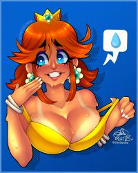 Rule 34 | 1girl, absurdres, ahegao, awkward, blue background, blue eyes, bracelet, breasts, brown hair, cleavage, crown, daisy, dripping, earrings, embarrassed, eyelashes, fanning self, fingernails, flower, glance, heart, heart-shaped pupils, highres, hot, jewelry, large breasts, lips, looking away, mario, mario (series), nail polish, nintendo, obsqured, princess daisy, shadow, signature, simple background, smile, solo, speech bubble, strap pull, super mario land, sweat, sweatdrop, symbol-shaped pupils, tan, tanline, teeth, tomboy, white nails