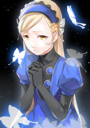 Rule 34 | 10s, 1girl, absurdres, black background, black gloves, blonde hair, blue hairband, butterfly hair ornament, elbow gloves, gloves, hair ornament, hairband, highres, lavenza (persona 5), long hair, own hands clasped, own hands together, parted bangs, parted lips, persona, persona 5, short sleeves, solo, tears, upper body, very long hair, yellow eyes, yft000