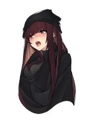 Rule 34 | 1girl, absurdres, beanie, blush, breasts, cropped torso, girls&#039; frontline, half-closed eyes, hat, highres, inxst, large breasts, long hair, looking away, open mouth, purple hair, red eyes, ribbed sweater, saliva, saliva trail, scarf, sidelocks, simple background, solo, sweater, tongue, tongue out, tsurime, very long hair, wa2000 (girls&#039; frontline), white background