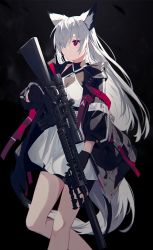 Rule 34 | 1girl, absurdres, animal ear fluff, animal ears, ar-15, assault rifle, bipod, closed mouth, dress, extra ears, fox ears, fox girl, fox tail, gloves, gun, hair between eyes, highres, holding, holding gun, holding weapon, hood, hoodie, long hair, long hoodie, nagishiro mito, open clothes, open hoodie, original, red eyes, rifle, scope, short shorts, shorts, sidelocks, simple background, solo, suppressor, tail, trigger discipline, weapon, white dress, white hair, white tail
