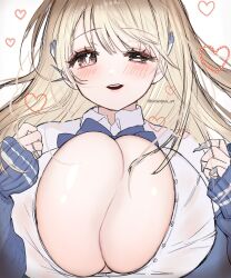 Rule 34 | 1girl, :d, blonde hair, blue bow, blue bowtie, blue jacket, blush, bow, bowtie, breasts, brown eyes, claw ring, cleavage, collared shirt, goddess of victory: nikke, hair ornament, heart, highres, huge breasts, jacket, jewelry, long hair, multiple rings, off-shoulder jacket, off shoulder, open mouth, partially unbuttoned, ring, shirt, simple background, sleeves past wrists, smile, solo, tia (nikke), torisenpai art, twitter username, white background, white shirt