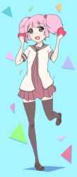 Rule 34 | 1girl, arms up, bad anatomy, bad hands, bad id, bad pixiv id, black thighhighs, blue background, blue eyes, blush, full body, hair bobbles, hair ornament, happy, heart, leg up, loafers, looking at viewer, open mouth, pink hair, pleated skirt, poorly drawn, school uniform, serafuku, shoes, short twintails, simple background, skirt, smile, solo, standing, standing on one leg, t3 (canol), thighhighs, twintails, yoshikawa chinatsu, yuru yuri, zettai ryouiki