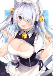 Rule 34 | 1girl, :d, absurdres, animal ears, apron, artist name, bell, black choker, black dress, black ribbon, blue eyes, blue hair, blush, breasts, cat ears, choker, commentary request, dress, frilled apron, frills, hair bell, hair ornament, hair over one eye, hands up, heterochromia, highres, holding, holding pencil, jingle bell, large breasts, long hair, looking at viewer, maid, maid apron, maid headdress, multicolored hair, nenobi (nenorium), open mouth, original, pencil, puffy short sleeves, puffy sleeves, ribbon, shirt, short sleeves, signature, silver hair, smile, solo, streaked hair, translated, twintails, upper body, waist apron, white apron, white background, white shirt, yellow eyes