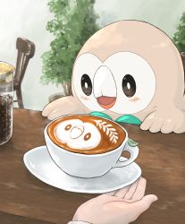 Rule 34 | 1other, absurdres, bird, blush, bright pupils, chair, coffee, coffee beans, commentary request, creatures (company), cup, game freak, gen 7 pokemon, highres, hiyoko kurabu, jar, latte art, leaf, looking down, nintendo, open mouth, owl, plant, pokemon, pokemon (creature), potted plant, rowlet, saucer, steam, table, teacup, white pupils