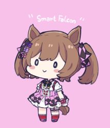 Rule 34 | 0 0, 1girl, animal ears, black bow, blush stickers, bow, brown hair, character name, chibi, closed mouth, collared shirt, commentary, full body, hair bow, horse ears, horse girl, horse tail, nozo (hitomiz), pink background, pink bow, pink footwear, pink skirt, pleated skirt, purple bow, red socks, shirt, shoes, short sleeves, sidelocks, simple background, skirt, smart falcon (umamusume), smile, socks, solo, standing, tail, twintails, umamusume, white shirt, wrist cuffs