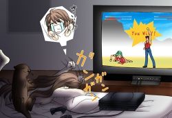 Rule 34 | 1girl, angry, bed, breasts, brown hair, cat, console, game console, large breasts, long hair, lowres, medium breasts, otter, pillow, playing games, solo, tears, television, topfreedom, topless, video game