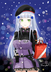 Rule 34 | 1girl, ammunition pouch, bag, belt, beret, black thighhighs, blunt bangs, blurry, blush, bokeh, breasts, buckle, buttons, combat knife, depth of field, eyes visible through hair, facepaint, german flag, gift bag, girls&#039; frontline, gloves, green eyes, hair ornament, hat, hk416 (girls&#039; frontline), holding, holding bag, jacket, knife, knife sheath, knife sheath, light particles, long hair, looking at viewer, open mouth, plaid, plaid skirt, pleated skirt, pouch, shailiar, sheath, signature, skirt, smile, solo, sparkle, teardrop, thighhighs, thighs, valentie, weapon, white hair