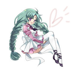 Rule 34 | 1990s (style), 1girl, bia, bow, braid, canal vorfeed, full body, green hair, long hair, lost universe, lowres, purple eyes, retro artstyle, shoes, skirt, smile, solo, thighhighs, twin braids, twintails, white background, white thighhighs