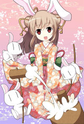 Rule 34 | 1girl, animal ears, rabbit, rabbit ears, food, fujy, japanese clothes, kimono, kine, long hair, looking at viewer, mallet, mochi, new year, original, solo, wagashi, | |