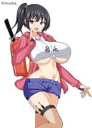 Rule 34 | 1girl, backpack, bag, black hair, breasts, character request, fang, fishnets, hood, hoodie, huge breasts, katana, kunai, looking at viewer, midriff, musuka (muska), navel, no bra, open mouth, red eyes, shirt, short shorts, shorts, side ponytail, simple background, smile, solo, sword, tagme, thighhighs, tied shirt, underboob, weapon, white background, wide hips