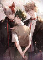 Rule 34 | 3boys, animal collar, animal ear fluff, animal ears, arms behind back, artist name, bakugou katsuki, belt, belt buckle, black jacket, black shirt, blonde hair, blue eyes, blurry, blurry background, blush, bokeh, boku no hero academia, brown belt, brown pants, brown vest, buckle, closed mouth, collar, collared shirt, cowboy shot, day, depth of field, expressionless, falling petals, fang, freckles, green eyes, green hair, grey pants, hair between eyes, hand in pocket, heterochromia, highres, holding, holding leash, jacket, lapels, leash, light particles, looking at viewer, looking back, male focus, midoriya izuku, multicolored hair, multiple boys, open clothes, open jacket, outdoors, pants, parted lips, petals, raineemeow, red collar, red eyes, red hair, shirt, shirt tucked in, short hair, short sleeves, spiked hair, split-color hair, standing, sunlight, teeth, todoroki shouto, turtleneck, two-tone hair, vest, watermark, web address, white hair, white shirt, wolf ears, zipper, zipper pull tab