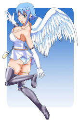 Rule 34 | 1girl, armor, ass, blue hair, blue panties, boots, breasts, elbow gloves, fang, gloves, greaves, green eyes, highres, huge breasts, armored boots, nanael (queen&#039;s blade), one eye closed, otohukebonne, panties, polka dot, polka dot panties, queen&#039;s blade, short hair, skirt, smile, solo, thigh boots, thighhighs, underwear, white gloves, white skirt, white wings, wings, wink