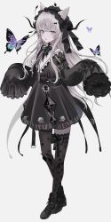 Rule 34 | 1girl, absurdres, animal ear fluff, animal ears, aqua eyes, black dress, black footwear, black thighhighs, boots, bug, butterfly, cat ears, cat girl, chiemo (xcem), dress, frilled sleeves, frills, full body, gothic lolita, grey hair, hairband, highres, insect, lace, lace-trimmed hairband, lace legwear, lace trim, lolita fashion, lolita hairband, long hair, long sleeves, looking at viewer, original, simple background, sleeves past fingers, sleeves past wrists, thighhighs, white background