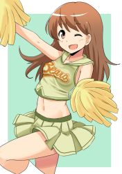 Rule 34 | 10s, 1girl, bare arms, brown eyes, brown hair, cheering, cheerleader, crop top, crop top overhang, kantai collection, long hair, midriff, navel, one eye closed, ooi (kancolle), open mouth, pleated skirt, pom pom (cheerleading), red hair, shimouki izui, shirt, simple background, skirt, skirt set, sleeveless, sleeveless shirt, smile, solo