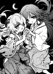 Rule 34 | 2girls, closed mouth, crescent moon, detached sleeves, feet out of frame, floating, floating hair, from side, furude rika, greyscale, hakama, hakama skirt, hands up, hanyuu, highres, higurashi no naku koro ni, hip vent, holding hands, horns, japanese clothes, jihecchi, kimono, long hair, long sleeves, looking at viewer, looking to the side, miko, monochrome, moon, multiple girls, open mouth, simple background, skirt, smile, wide sleeves