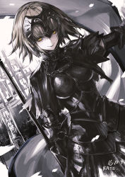 Rule 34 | 1girl, armor, armored dress, blonde hair, breasts, capelet, chain, cloak, dated, fate/grand order, fate (series), flag, headpiece, highres, holding, infukun, jeanne d&#039;arc (fate), jeanne d&#039;arc alter (avenger) (fate), jeanne d&#039;arc alter (fate), looking at viewer, ruler (fate/grand order), short hair, slit pupils, smile, solo, spot color, upper body, yellow eyes