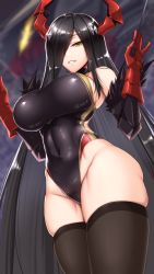 Rule 34 | 1girl, akitsuki karasu, azur lane, bare shoulders, conductor baton, black hair, black one-piece swimsuit, black thighhighs, breasts, cannon, commentary request, competition swimsuit, cowboy shot, friedrich der grosse (azur lane), fur-trimmed gloves, fur trim, gloves, groin, hair over one eye, highres, holding, horns, impossible clothes, impossible swimsuit, large breasts, long hair, looking at viewer, one-piece swimsuit, parted lips, red gloves, red horns, rigging, skindentation, smile, solo, swimsuit, thighhighs, very long hair, world of warships, yellow eyes