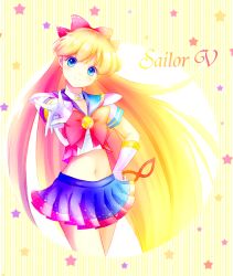 Rule 34 | 1990s (style), 1girl, aino minako, bishoujo senshi sailor moon, blonde hair, blue eyes, blue sailor collar, blush, bow, choker, crescent, crescent facial mark, crescent moon, crop top, crop top overhang, facial mark, forehead mark, gloves, gradient hair, hair ribbon, hand on own hip, long hair, magical girl, mask, midriff, miniskirt, moon, multicolored hair, navel, outstretched arm, pleated skirt, red bow, retro artstyle, ribbon, sailor collar, sailor v, skirt, smile, solo, star (symbol), torao (torakmn), v, white choker, white gloves