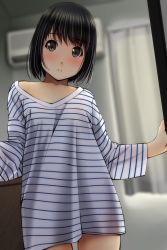 Rule 34 | 1girl, black eyes, black hair, blurry, blurry background, blush, collarbone, commentary request, curtains, depth of field, head tilt, highres, indoors, long sleeves, looking at viewer, matsunaga kouyou, nose blush, original, oversized clothes, oversized shirt, parted lips, shirt, short hair, solo, striped clothes, striped shirt