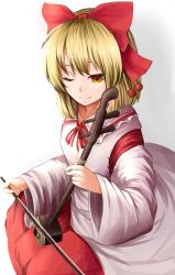 Rule 34 | 1girl, blonde hair, bow, breasts, closed mouth, collared shirt, commentary request, detached sleeves, erhu, frilled shirt collar, frills, hair bow, happy, highres, instrument, japanese clothes, kamiya ueshi, long skirt, long sleeves, medium breasts, miko, music, one eye closed, playing instrument, red bow, red ribbon, red skirt, ribbon, satsuki rin, shirt, simple background, skirt, smile, touhou, white background, white shirt, white sleeves, wide sleeves, yellow eyes