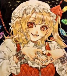 Rule 34 | + +, 1girl, absurdres, black nails, blonde hair, bracelet, commentary request, crystal, fangs, flandre scarlet, frilled sleeves, frills, hands up, hat, hat ribbon, heart, heart hands, highres, jewelry, long hair, looking at viewer, mob cap, pointy ears, red eyes, red ribbon, red vest, ribbon, ring, smile, solo, touhou, traditional media, upper body, vampire, vest, white hat, wings, yamazaki tsukune