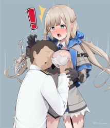 Rule 34 | !, 1boy, 1girl, ^^^, admiral (kancolle), befu, black gloves, black hair, blonde hair, blue eyes, blush, braid, grabbing another&#039;s breast, breasts, capelet, dress, garter straps, gloves, grabbing, grey background, grey capelet, hetero, highres, kantai collection, large breasts, long hair, long sleeves, maryland (kancolle), military, military uniform, naval uniform, open mouth, shirt, short hair, simple background, sleeveless, sleeveless shirt, thighhighs, twitter username, uniform, white shirt