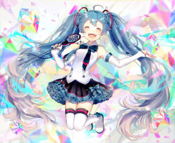 Rule 34 | 1girl, ^ ^, ahoge, arm warmers, black skirt, blue hair, closed eyes, closed mouth, crystal, facing viewer, full body, hands up, hatsune miku, highres, holding, holding microphone, long hair, microphone, musical note, petals, petticoat, quaver, shirt, skirt, sleeveless, sleeveless shirt, smile, solo, teeth, thighhighs, twintails, uiyuzu (uichoco), very long hair, vocaloid, white thighhighs, zettai ryouiki