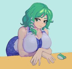 Rule 34 | 1girl, bare shoulders, bent over, breasts, cleavage, confused, green eyes, green hair, hair ornament, highres, kochiya sanae, large breasts, leaning forward, looking at viewer, solo, standing, sweatdrop, touhou, wakaburger