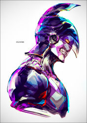 Rule 34 | artist name, close-up, colored skin, colorful, helmet, jojo no kimyou na bouken, k-suwabe, looking to the side, multicolored skin, no humans, purple haze (stand), purple skin, signature, simple background, stand (jojo), teeth, vento aureo, white background, white skin, yellow eyes
