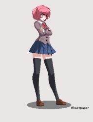 Rule 34 | 1girl, :|, angry, artist name, black thighhighs, blazer, blue skirt, bob cut, bow, bowtie, breasts, brown footwear, closed mouth, collared shirt, commentary, crossed arms, doki doki literature club, dress shirt, english commentary, full body, grey background, grey jacket, hair ornament, hair ribbon, jacket, loafers, long sleeves, looking ahead, nastpaper, natsuki (doki doki literature club), neck ribbon, pink eyes, pink hair, pixel art, pleated skirt, red bow, red bowtie, red ribbon, ribbon, school uniform, shadow, shirt, shoes, short hair, skirt, small breasts, solo, standing, thighhighs, twitter username, two side up, v-shaped eyebrows, white shirt, x hair ornament, zettai ryouiki