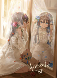 Rule 34 | 2girls, blue eyes, blue flower, blue hair, blue ribbon, blue rose, brown hair, child, collared dress, colored inner hair, commentary request, crossed bangs, different reflection, dot nose, dress, flower, hair between eyes, highres, holding, holding flower, kneeling, long hair, looking at another, mirror, multicolored hair, multiple girls, neck ribbon, original, red eyes, red flower, red rose, reflection, ribbon, rose, sake (utopia modoki), seiran (sake (utopia modoki)), shuan (sake (utopia modoki)), siblings, sisters, smile, stuffed animal, stuffed toy, teddy bear, teeth, twins, white dress, white ribbon