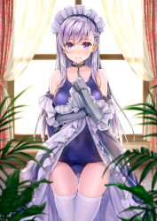 Rule 34 | 1girl, alternate costume, arm guards, azur lane, backlighting, bare shoulders, belfast (azur lane), black dress, blue one-piece swimsuit, blurry, blush, braid, breasts, chain, clothes lift, collar, collarbone, curtains, depth of field, dress, dress lift, french braid, frilled dress, frills, gloves, gluteal fold, hand on own chest, indoors, koyuki (kotatsu358), large breasts, lifting own clothes, light frown, long hair, long sleeves, looking at viewer, maid headdress, nose blush, off shoulder, one-piece swimsuit, purple eyes, school swimsuit, silver hair, skindentation, solo, standing, swimsuit, swimsuit under clothes, thigh gap, thighhighs, white gloves, white thighhighs, window