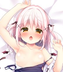 Rule 34 | 1girl, arm up, armpits, black one-piece swimsuit, black wings, blush, breasts, brown eyes, censored, censored nipples, chestnut mouth, clothes pull, collarbone, commentary request, demon girl, detached wings, dress, hair between eyes, hair ornament, hanamiya natsuka, hand up, heart, heart-shaped pupils, looking at viewer, mini wings, one-piece swimsuit, one-piece swimsuit pull, open mouth, original, pink hair, saliva, sidelocks, small breasts, solo, strap slip, swimsuit, symbol-shaped pupils, tongue, tongue out, two side up, upper body, white dress, wing hair ornament, wings, x hair ornament