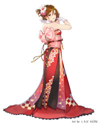 Rule 34 | 1girl, :d, artist name, back bow, bare shoulders, blush, bow, brown eyes, brown hair, character request, copyright notice, dress, flower, from behind, full body, gloves, hair between eyes, hair flower, hair ornament, hands up, long dress, looking at viewer, looking back, meiko (vocaloid), obi, open mouth, parted lips, pink flower, pink sash, red dress, sash, shirabi, simple background, smile, solo, vocaloid, watermark, white background, white gloves