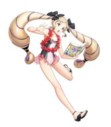 Rule 34 | 1girl, black footwear, blonde hair, book, bow, collarbone, covered navel, elise (fire emblem), elise (summer) (fire emblem), feet, fire emblem, fire emblem fates, fire emblem heroes, flower, flower necklace, frilled swimsuit, frills, full body, hair bow, hair ribbon, highres, jewelry, lei, necklace, nintendo, official art, one-piece swimsuit, open mouth, purple eyes, ribbon, sandals, solo, swimsuit, toes, transparent background, twintails