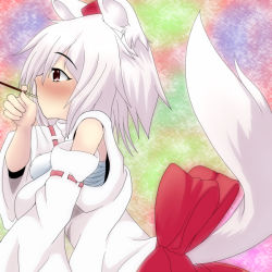 Rule 34 | 1girl, animal ears, bare shoulders, blush, breasts, detached sleeves, food, food in mouth, hat, inubashiri momiji, kunoo (unnyuu), looking at another, medium breasts, multicolored background, nose blush, pocky, pom pom (clothes), profile, red eyes, ribbon-trimmed sleeves, ribbon trim, sarashi, short hair, silver hair, tail, tokin hat, touhou, wolf ears, wolf tail