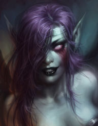 Rule 34 | 1girl, bare shoulders, black lips, breasts, circlet, cleavage, hair over one eye, katie de sousa, league of legends, lipstick, long hair, makeup, morgana (league of legends), pale skin, pointy ears, purple eyes, purple hair, smile, solo, upper body