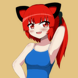 Rule 34 | 1girl, :d, alternate costume, alternate hairstyle, animal ears, arm up, armpits, camisole, cat ears, competition school swimsuit, contemporary, fang, highres, kaenbyou rin, one-piece swimsuit, open mouth, ponytail, red eyes, red hair, school swimsuit, seo haruto, slit pupils, smile, solo, swimsuit, tank top, touhou