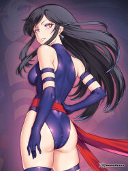 1girl alternate_costume ass ayra_(fire_emblem) bare_shoulders black_hair blue_leotard breasts commentary cosplay elbow_gloves english_commentary etchimune fire_emblem fire_emblem:_genealogy_of_the_holy_war gloves highleg highleg_leotard leotard long_hair looking_at_viewer marvel medium_breasts nintendo pink_eyes psylocke purple_eyes sash solo superhero_costume thighhighs x-men zoom_layer