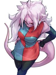 Rule 34 | 1girl, android 21, breasts, checkered clothes, checkered dress, closed mouth, colored skin, dragon ball, dragon ball fighterz, dress, from above, glasses, gloves, hands on own hips, kemachiku, long hair, majin android 21, medium breasts, pantyhose, pink skin, pointy ears, red eyes, red gloves, simple background, solo, tail, white background, white hair