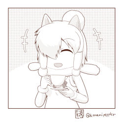Rule 34 | +++, 10s, 1girl, :d, ^ ^, alpaca ears, alpaca suri (kemono friends), animal ears, closed eyes, commentary request, cup, closed eyes, fur collar, greyscale, hair over one eye, holding, kemono friends, looking at viewer, monochrome, open mouth, sazanami konami, smile, solo, teacup, twitter username, |d