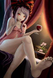Rule 34 | 1girl, bare shoulders, barefoot, commentary request, cupping glass, dkoro, eyebrows, fangs, feet, flat chest, flower, flower pot, hair ribbon, long hair, looking at viewer, nightgown, nipples, overlord (maruyama), red eyes, ribbon, shalltear bloodfallen, silver hair, sitting, slit pupils, soles, solo, thighs, toe scrunch, toes, vampire