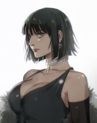 Rule 34 | 1girl, black dress, black hair, bob cut, breasts, cleavage, coat, ctstudio (executional), dress, earrings, elbow gloves, evening gown, fubuki (one-punch man), fur coat, gloves, green eyes, highres, jewelry, large breasts, one-punch man, simple background, sleeveless, sleeveless dress, solo, upper body, white background