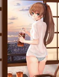 Rule 34 | 10s, 1girl, ass, bad id, bad pixiv id, blue panties, blue sky, blush, bottle, breasts, brown hair, cityscape, cup, drinking glass, from behind, green eyes, highres, holding, holding bottle, iced tea, indoors, kantai collection, kumano (kancolle), long hair, morning, narushima kanna, no bra, no pants, panties, parted lips, ponytail, see-through, shirt, short sleeves, sky, small breasts, smile, solo, thighs, twitter username, underwear, very long hair, white shirt