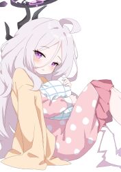 Rule 34 | 1girl, absurdres, ahoge, black horns, blue archive, blush, coat, coat on shoulders, commentary, demon horns, highres, hina (blue archive), hina (pajamas) (blue archive), holding, holding pillow, horns, knees up, long hair, long sleeves, looking at viewer, multiple horns, pajamas, parted lips, pillow, pink pajamas, polka dot, polka dot pajamas, purple eyes, sitting, solo, white background, white hair, yellow coat, yukisiannn