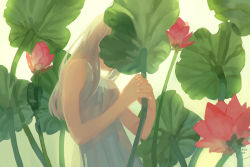Rule 34 | 1girl, backlighting, covered face, day, dress, fingernails, flower, flower request, gradient background, green background, holding, interlocked fingers, loika, long hair, lotus, original, own hands together, plant, simple background, solo, solo focus, watermark, white background, white dress, white hair, yellow background